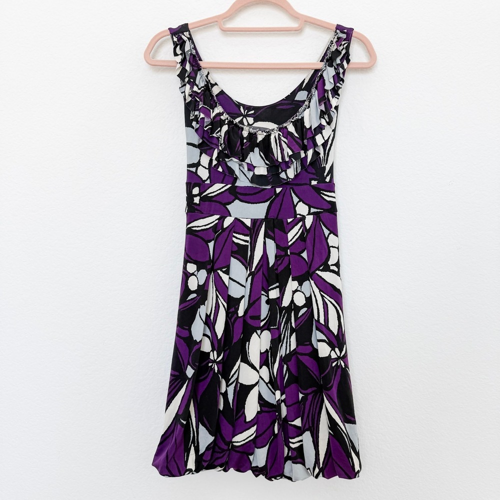 Y2K Twenty One Womens Bubble Dress Size L Purple Black Floral Ruffle Retro Indie